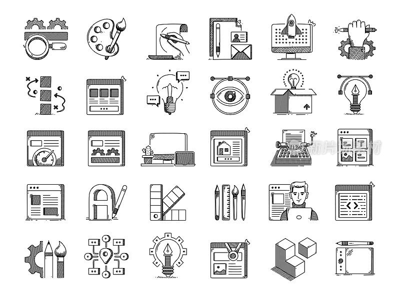 网页设计和开发手绘矢量涂鸦线图标集