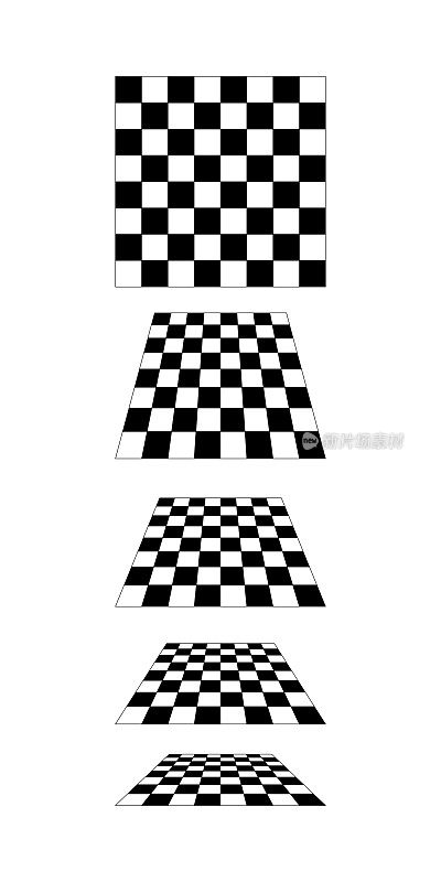 棋盘平面透视孤立在白色背景。平铺地板的视角。倾斜的棋盘纹理。斜板与黑白格子图案