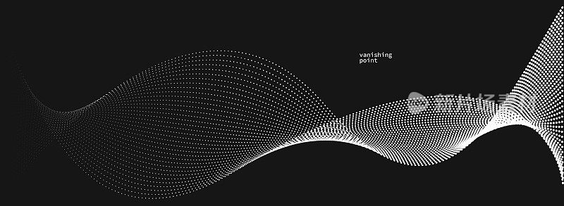 波浪流动消失的粒子矢量抽象背景，弯曲的线条点在运动黑色放松插图，烟雾般的图像。