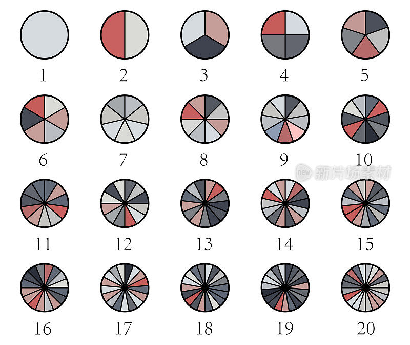 矢量颜色的各种数字饼扇区划分相等的圆形符号孤立在白色背景上