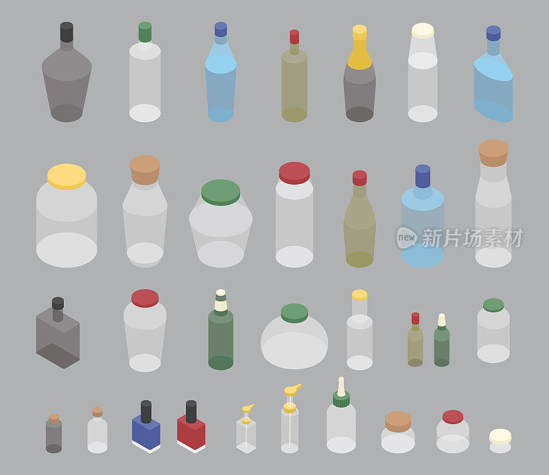 罐子，瓶子和小瓶等距矢量