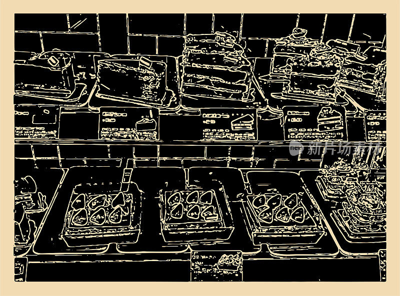 蛋糕在开放式冷冻室，抽象艺术木刻商业场景的背景