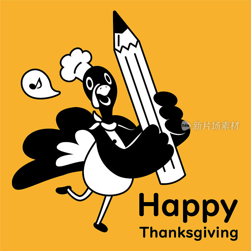 可爱的单色设计火鸡厨师跳舞，并在感恩节拿着一支大铅笔