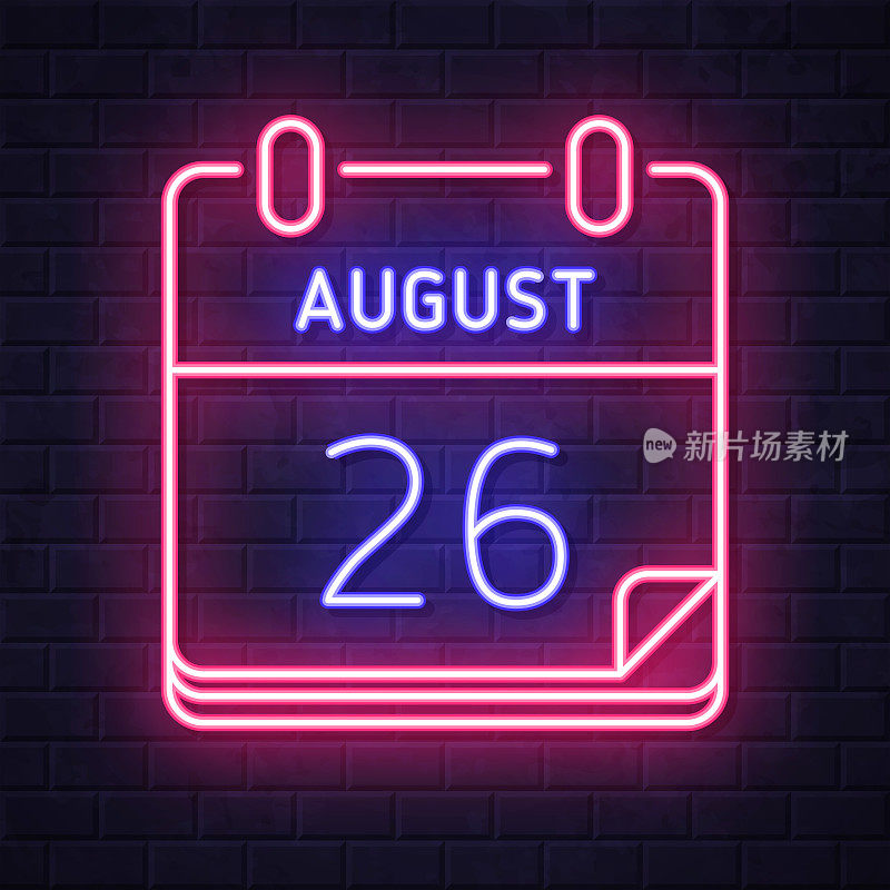 8月26日。在砖墙背景上发光的霓虹灯图标