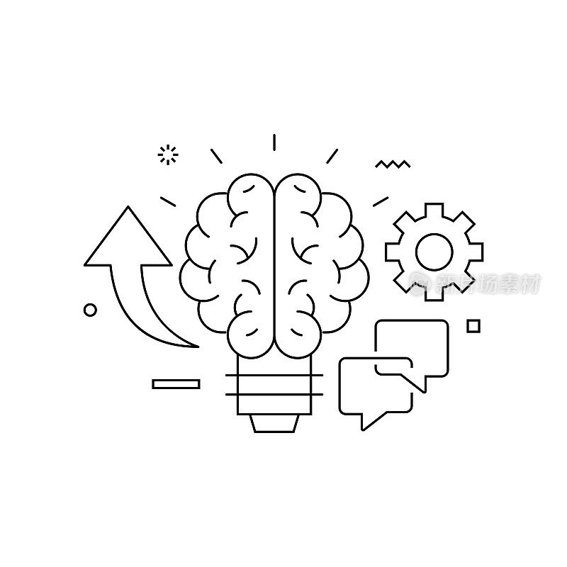 与线条图标分享相关设计的想法。简单轮廓符号图标。头脑风暴，创造，分享，创新。