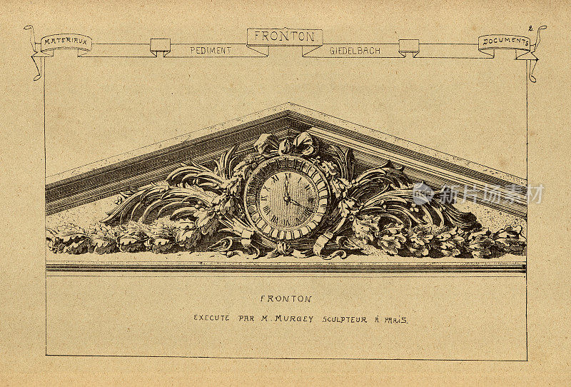 建筑山形墙，带时钟，建筑史，装饰和设计，艺术，法国，维多利亚，19世纪