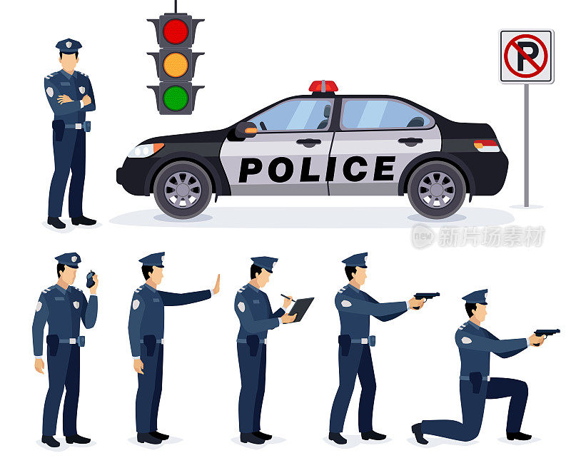 卡通警官摆姿势。办公室和街道场景中警察角色的动态集。辆警车。