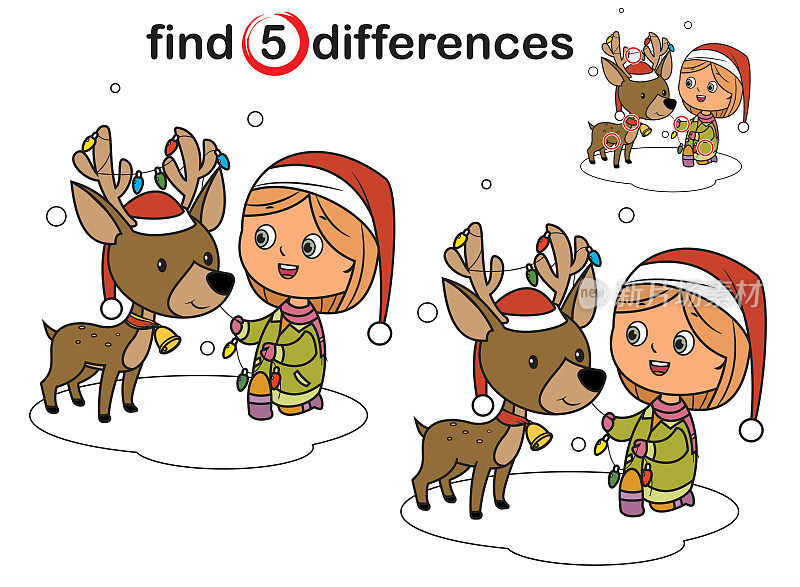 找出不同点，圣诞女孩和驯鹿