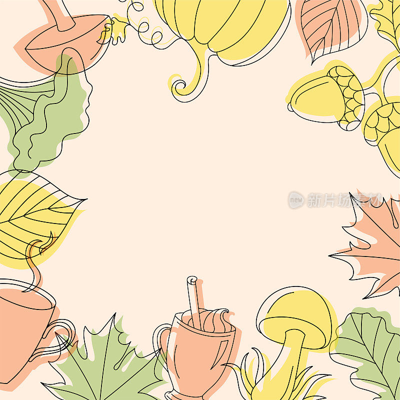 秋天的背景与蘑菇，南瓜，杯和一些树叶线形风格。