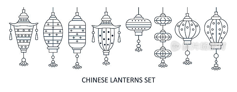 一套亚洲街和中国节日灯笼。向量