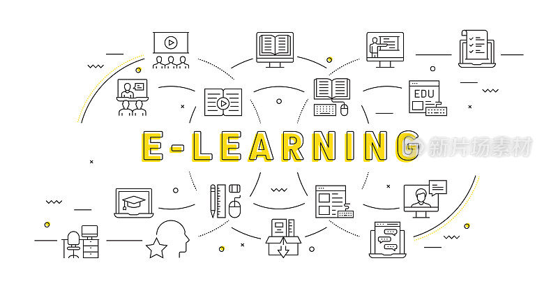 电子学习，在线教育和远程教育相关的现代矢量插图