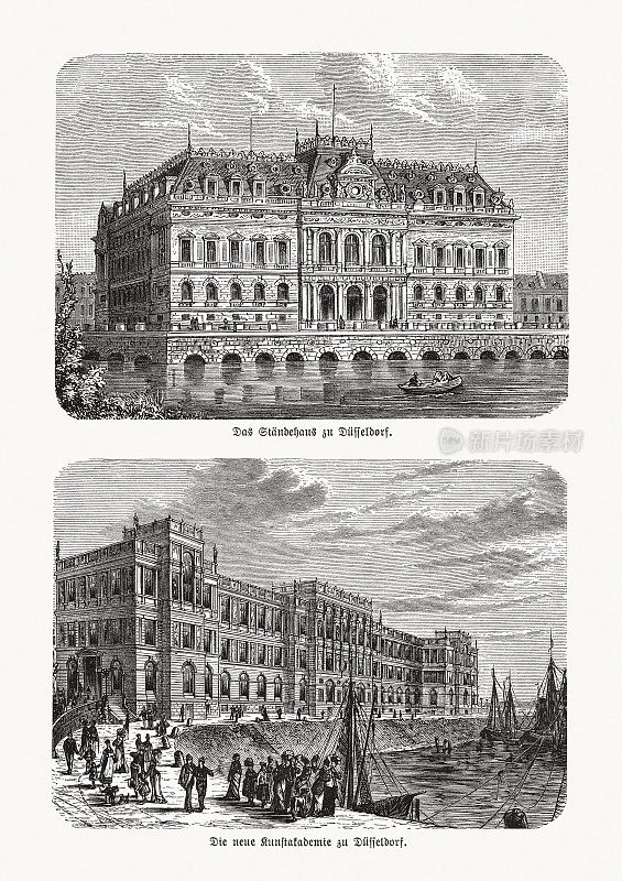 历史观点Düsseldorf，德国，木刻，出版于1893年