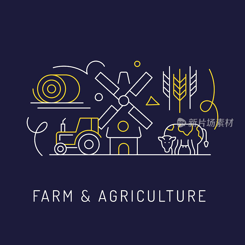 农场和农业概念，现代线条艺术图标背景。线性风格矢量插图。