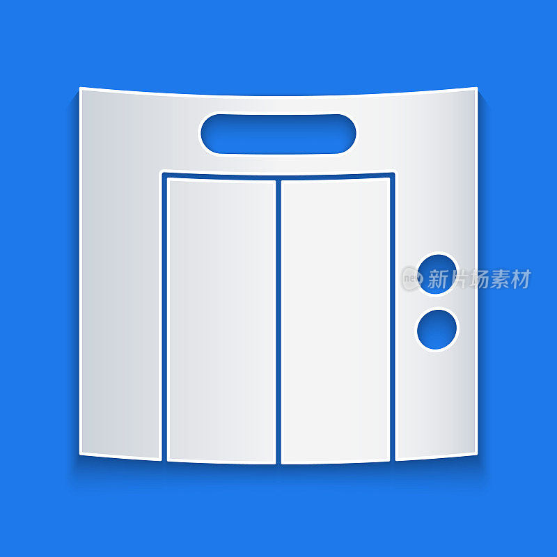 剪纸升降机图标孤立在蓝色背景。电梯的象征。纸艺术风格。向量
