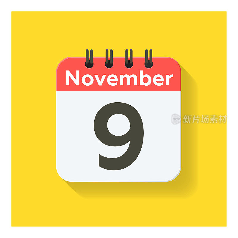 11月9日-日日历图标在平面设计风格。黄色背景。