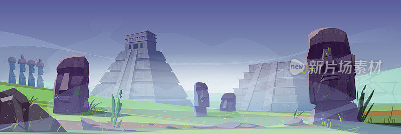 迷雾中的古代摩埃石像和玛雅金字塔