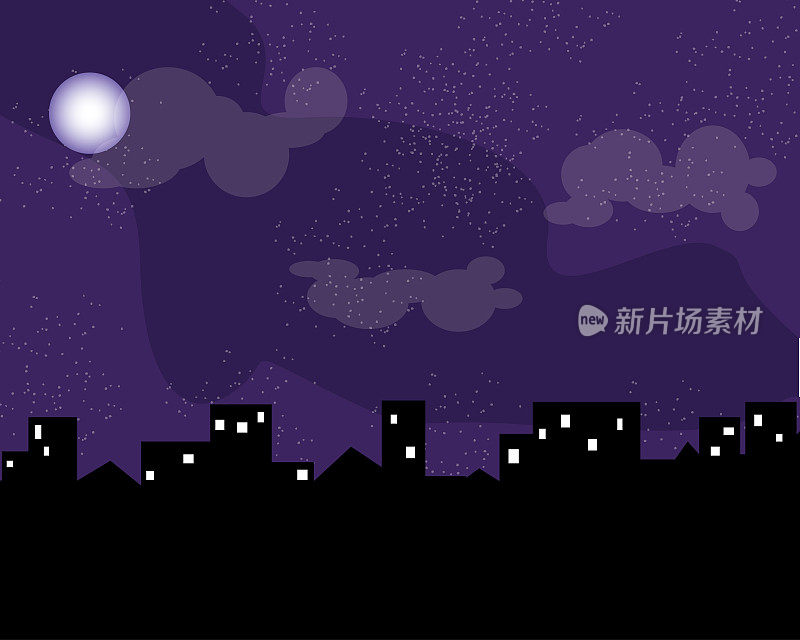 夜晚城市矢量图。黑暗的城市风貌。夜间城市景观的平面风格，抽象的背景