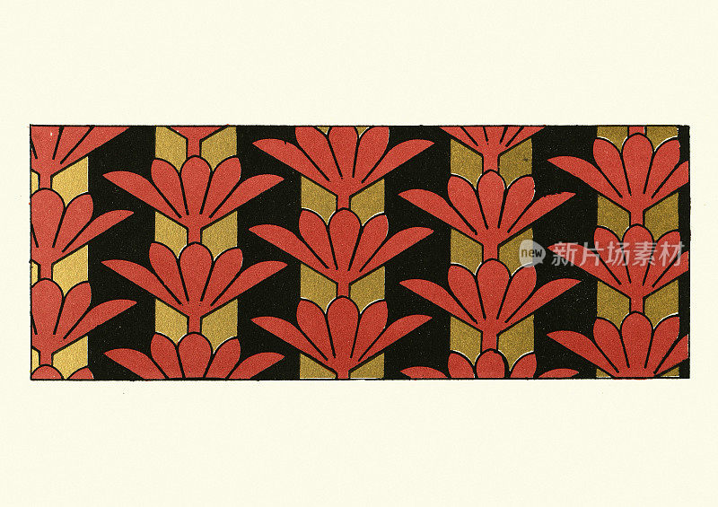 红色花朵重复图案上的金黑色条纹，维多利亚花卉设计图案，设计元素，19世纪