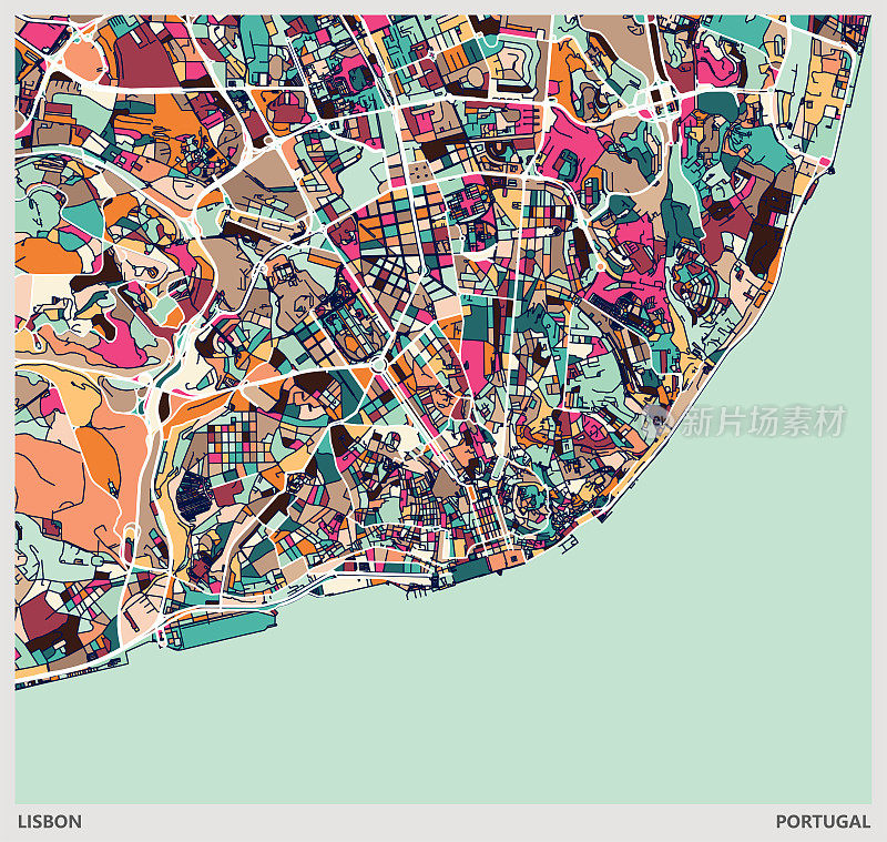 彩色插图风格的城市地图，里斯本市，葡萄牙