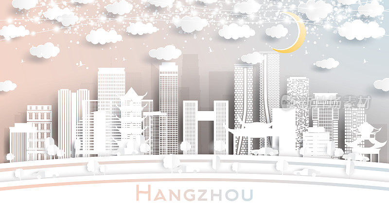 剪纸风格的中国杭州城市天际线与白色建筑，月亮和霓虹灯花环。