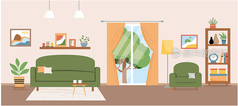客厅矢量插图。带家具的客厅。沙发、扶手椅、餐桌、阳台、架子、家用植物、餐桌、装饰品。平的风格。