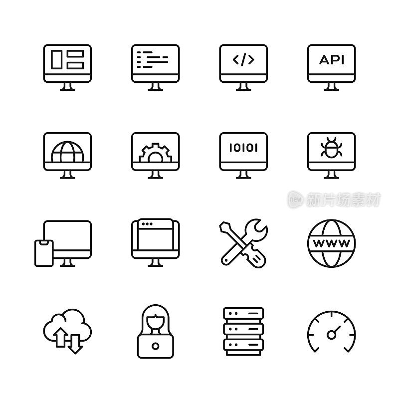 Web开发线图标。可编辑的中风。像素完美。移动和网络。包含人工智能、云计算、数据科学、数据库、设计、工程师、编程、SEO、软件开发、网页设计等图标。