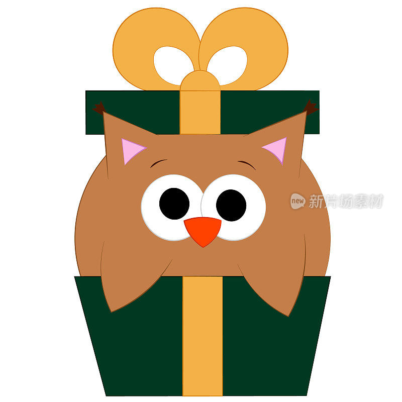 可爱的卡通猫头鹰在礼品盒。彩色插图