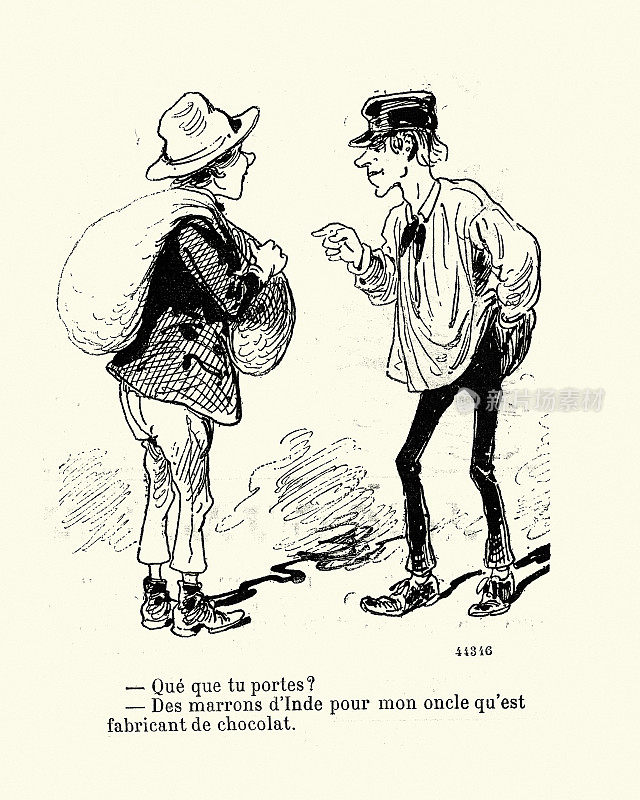 经典的法国漫画，一个男人提着一袋栗子，维多利亚插图19世纪
