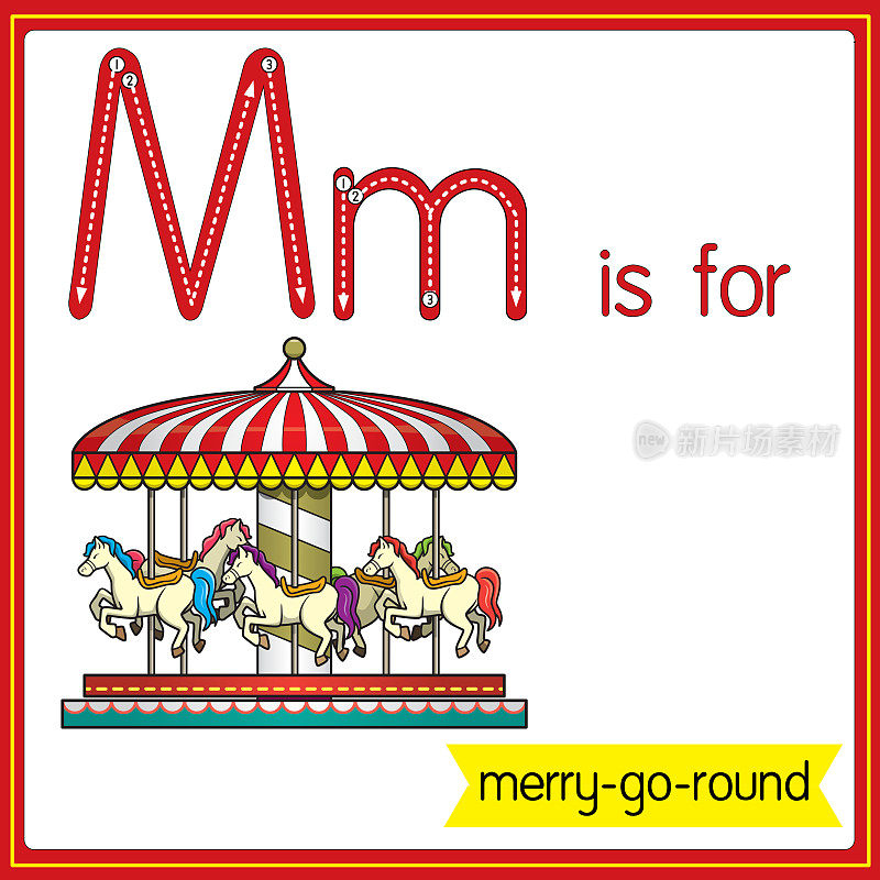 矢量插图学习字母为儿童与卡通形象。字母M是旋转木马。