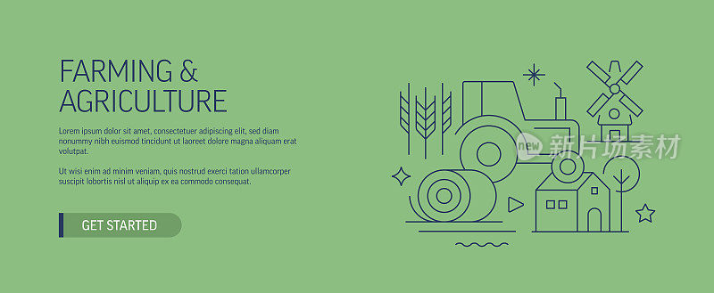 农业和农业相关的网站横幅线风格。现代设计矢量插图网页横幅，网站标题等。股票插图