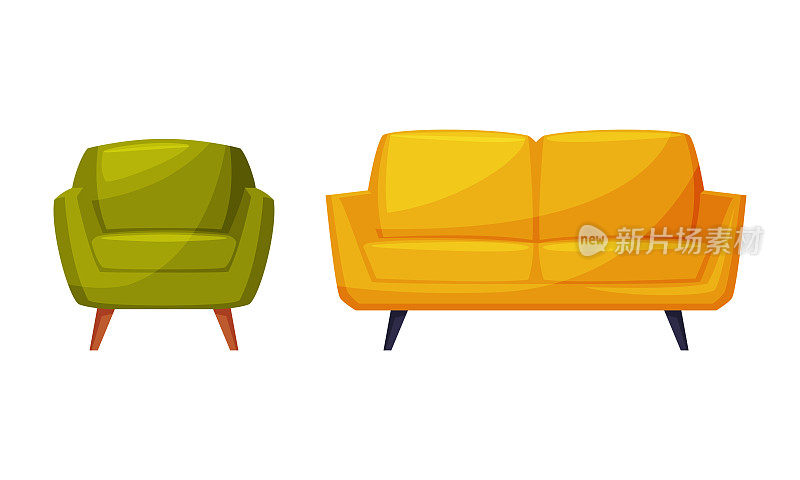 黄色的沙发和绿色的经典扶手椅，舒适的房间室内的家具矢量插图