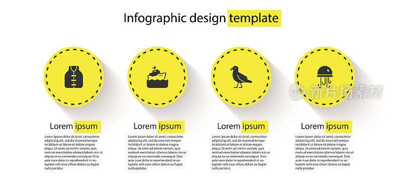 集救生衣、游船、海鸥、海蜇于一身。业务信息模板。向量