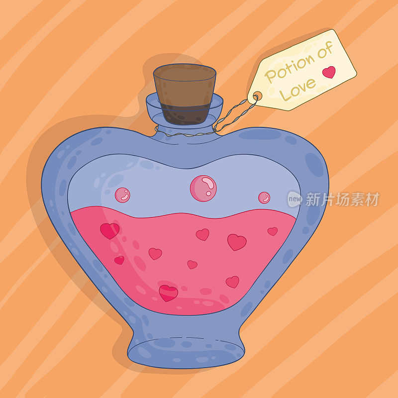 爱情药水玻璃，粉红色液体和心，在抽象的橙色背景。情人节的爱情药水