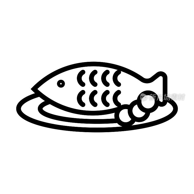 粤菜鱼的象征文化收藏。细线广东鱼，广东鱼轮廓图标孤立在白色背景上。线矢量广东鱼符号，表示网络和移动。