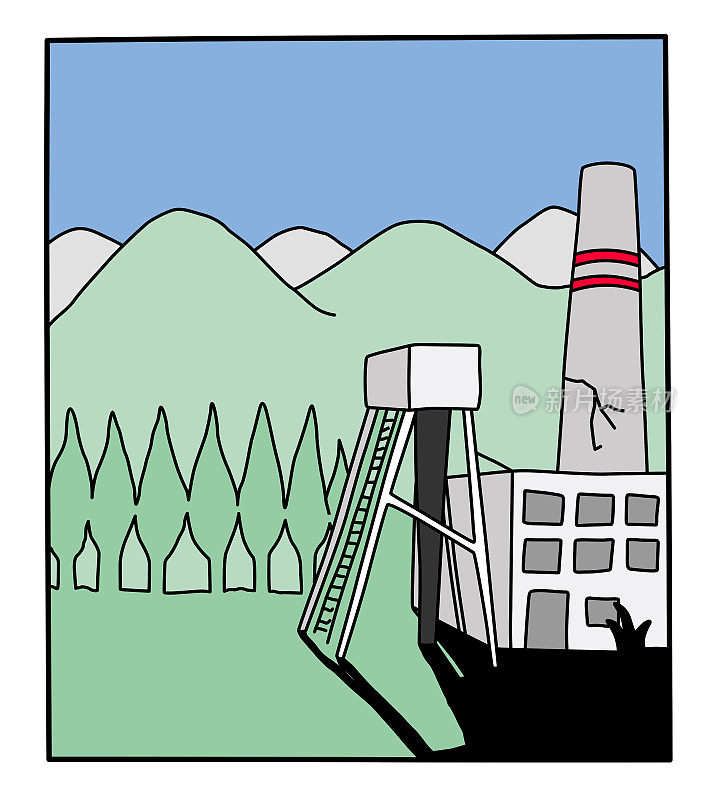 位于山区的废弃煤矿。旧产业,矿业。卡通风格的插图。