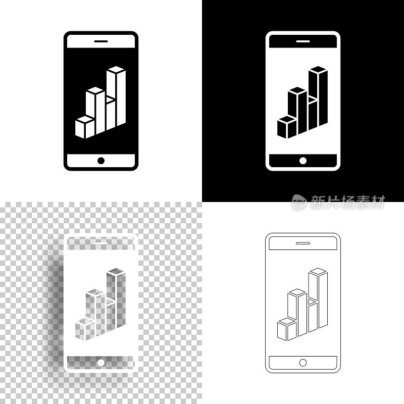 智能手机3D图表。图标设计。空白，白色和黑色背景-线图标