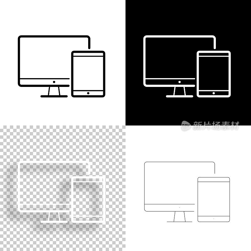 台式电脑和平板电脑。图标设计。空白，白色和黑色背景-线图标