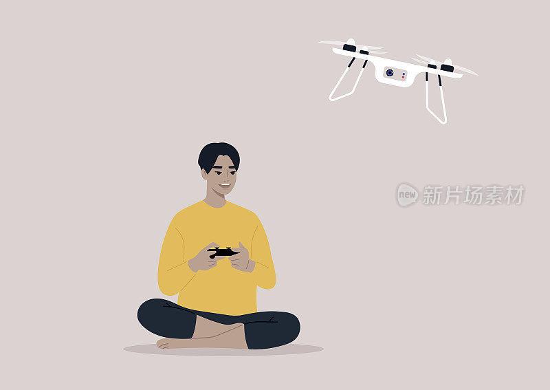 一个年轻的亚洲男性角色用遥控器操控无人机，新技术