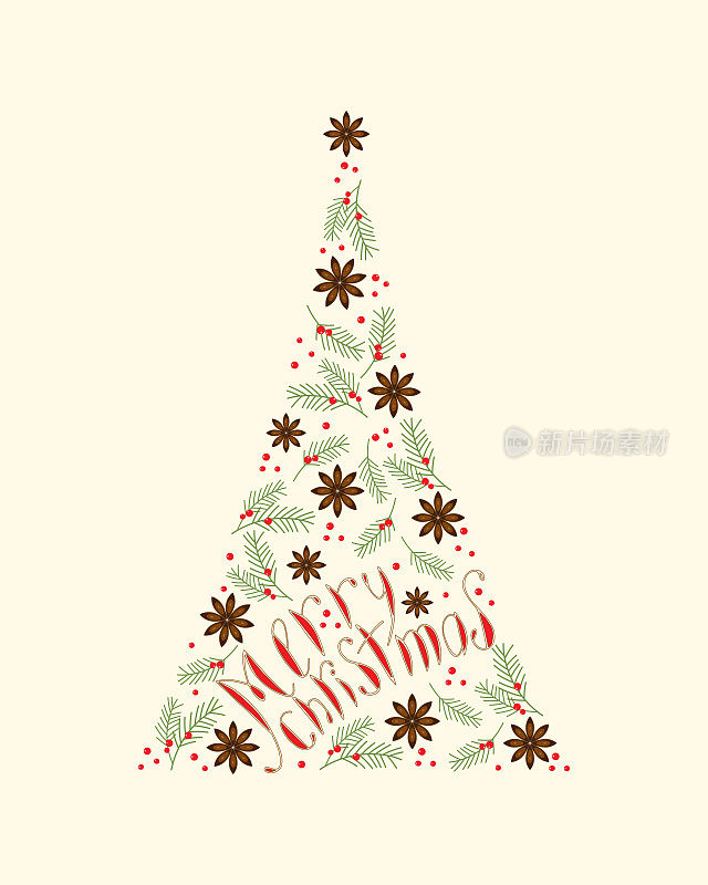 圣诞树上有“圣诞快乐”字样、“八角”字样、“星杉木针叶”、“桧枝红莓”。
