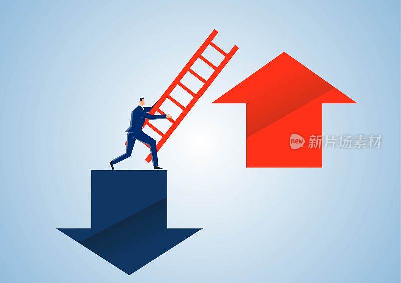 商人抱着梯子，试图从落箭爬到红箭，走出低谷，改变现状，试图获得成功的机会