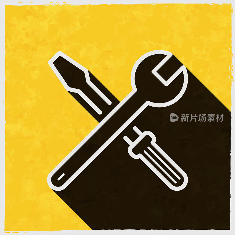 工具―扳手、螺丝刀。图标与长阴影的纹理黄色背景