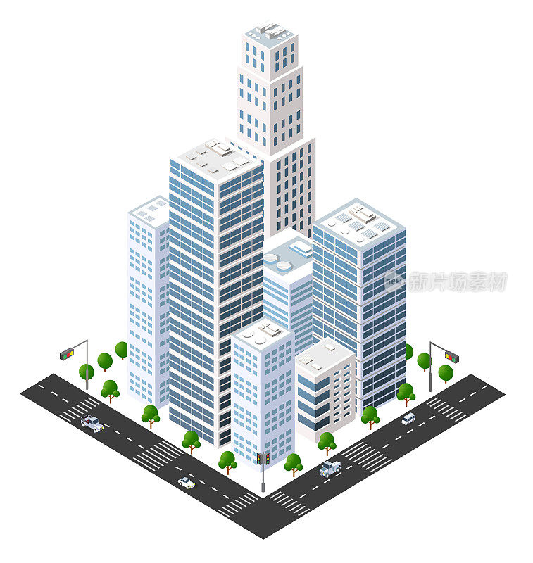 等距三维插图城市市区与许多房屋和摩天大楼