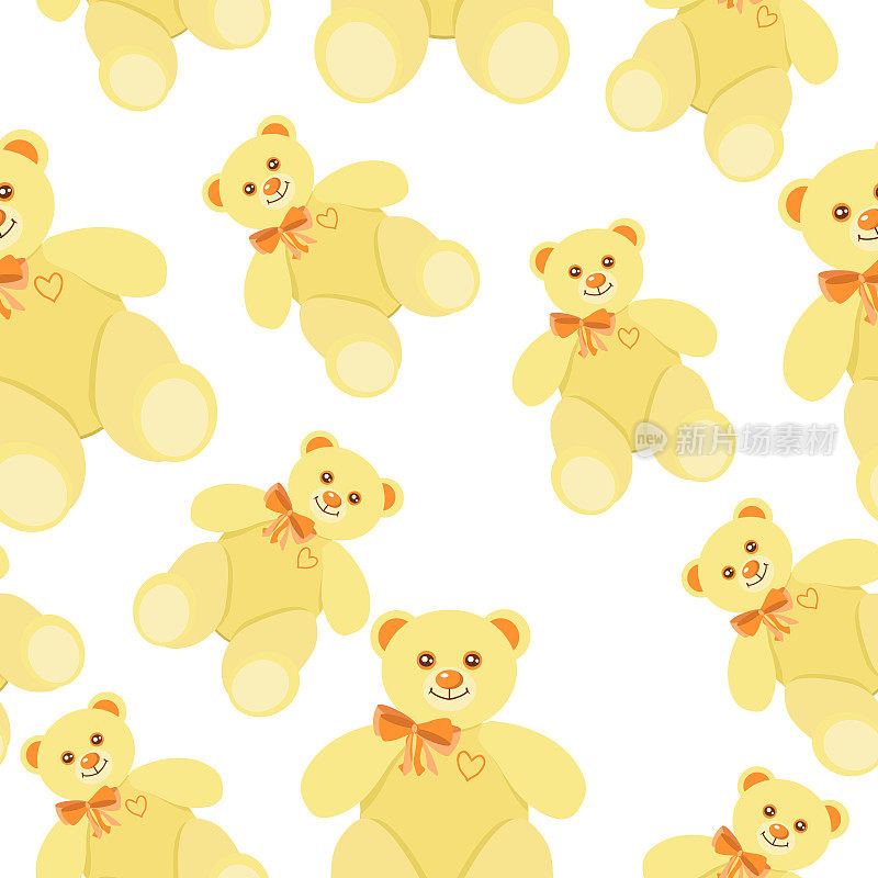 无缝图案的毛绒，黄色，礼品熊在一个白色的背景。矢量图案可用于儿童纺织品。纸的礼物。明信片,床单。