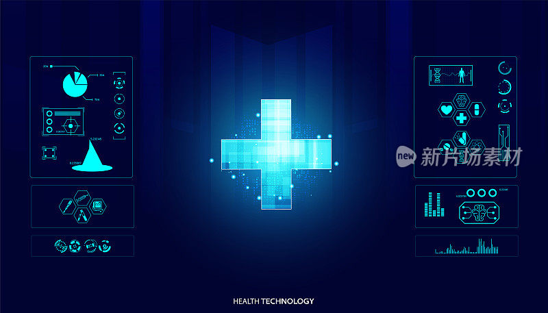 健康科学是由健康加圆圈图标组成的，数字技术概念，高科技未来蓝色背景下的现代医学。