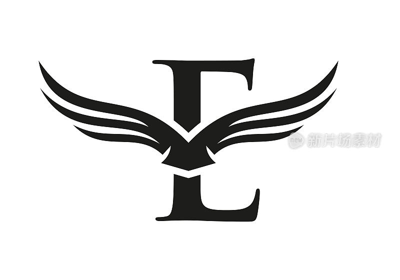 字母E翼标志设计。初始飞行翼E字母标志。字母E翅膀符号概念