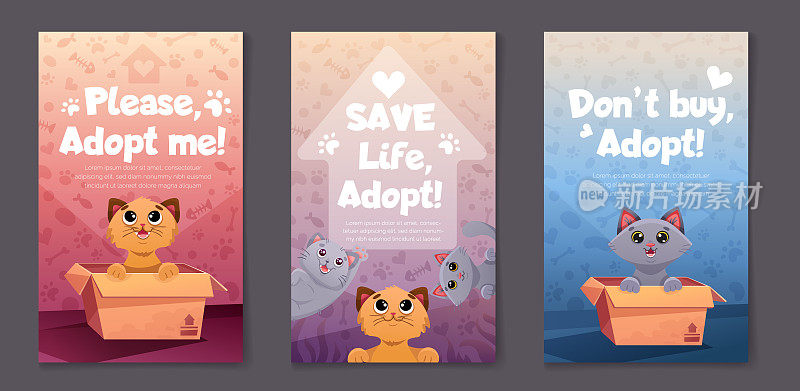 一套社交媒体帖子模板与宠物收养推广。采用我的横幅，可爱的猫在盒子，小猫和爪印图案。矢量卡通插图传单设计，网页。