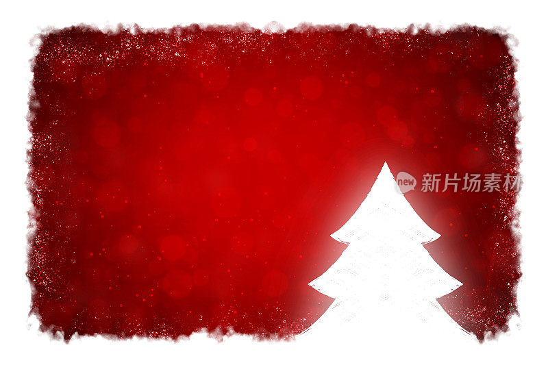 创意暗红色或栗色的圣诞背景，一棵白色针叶树，雪花闪闪的点沿着雾蒙蒙的烟熏边缘