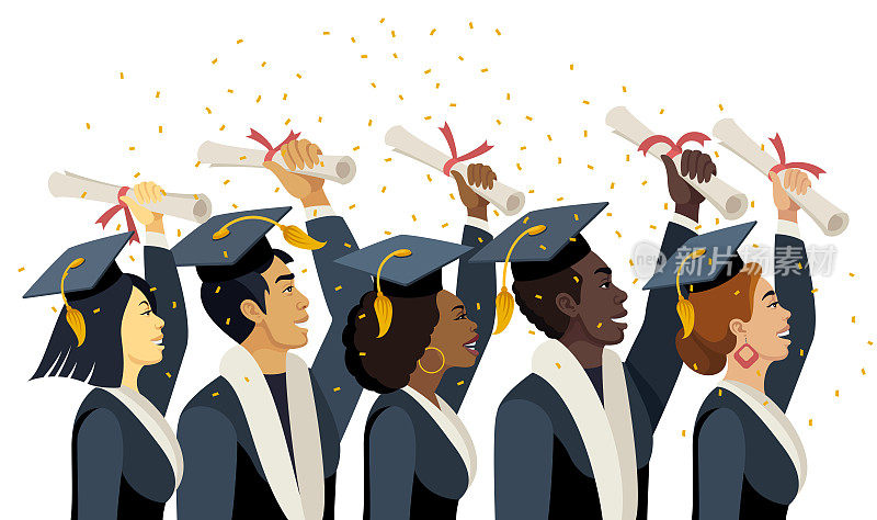 多民族的朋友一起毕业，戴着帽子，穿着长袍。毕业班。
