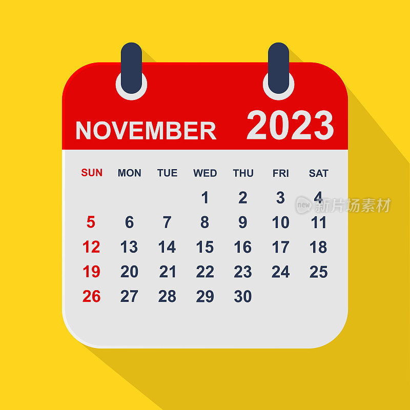 2023年11月月历叶。一周从周日开始。业务矢量图