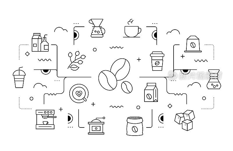咖啡相关矢量横幅设计概念，现代线条风格与图标